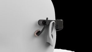 Rear view of a model head wearing Facial Remote Activity Monitoring Eyewear.