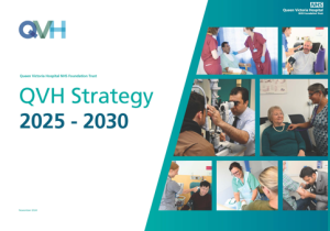 Cover picture of the QVH strategy with the words QVH Strategy 2025-2030 written on it and to the right a series of photos of QVH staff and patients